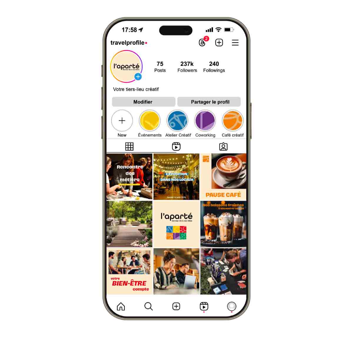 Profil instagram pour le nouveau tiers-lieu : l'Aparté
