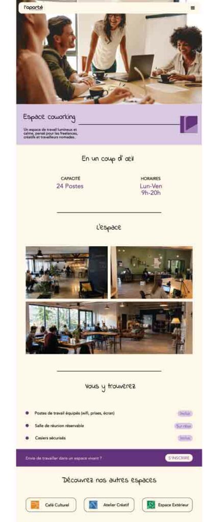 Page descriptive du site de l'aparté